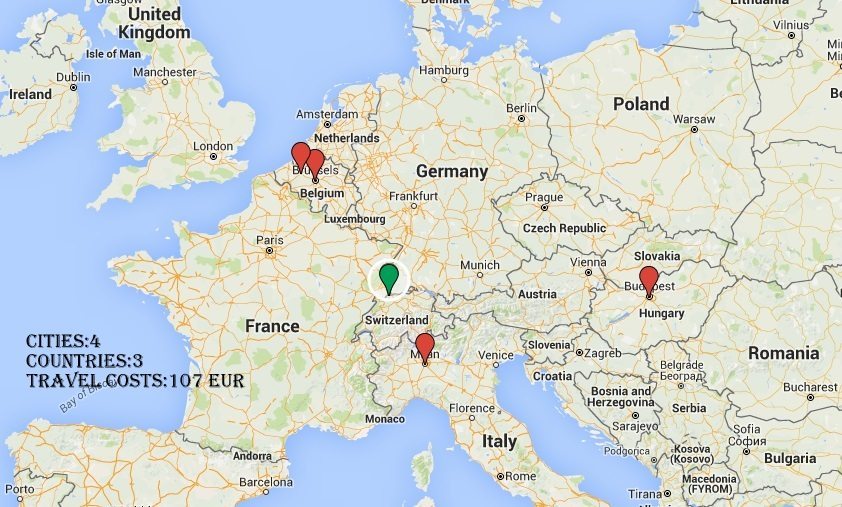 Map showing the 4 cities visited in 3 countries for 100 Euros.Read more about it at europediaries.com