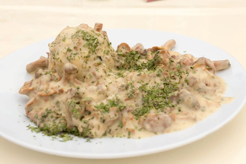Vegetarian food in Germany:Dumplings with mushroom sauce