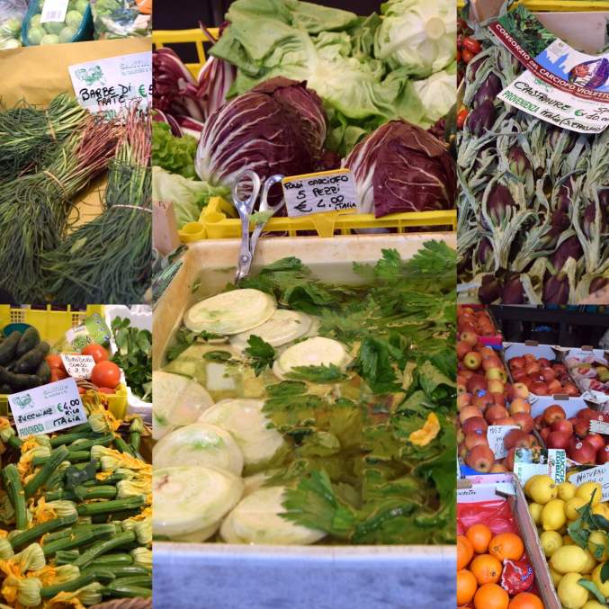 Produce stalls at the Rialto market in Venice