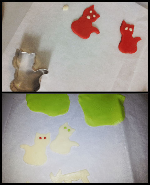 Top:Sleepy Cat and Meh Cat, right after production. Bottom:The first cats and grass patches made.